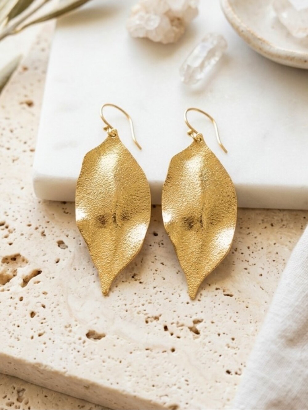 18K Gold Plated Leaf Statement Drop Earrings Greek Goddess Lightweight 2.45"